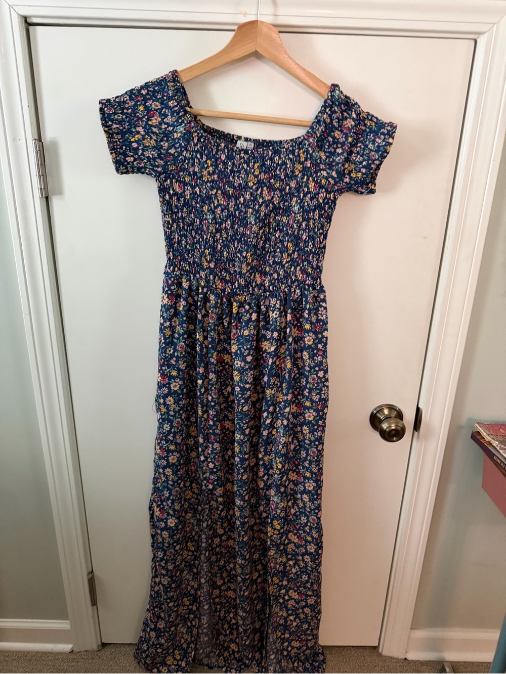 Cozy Casual Navy Floral Smocked Maxi Dress